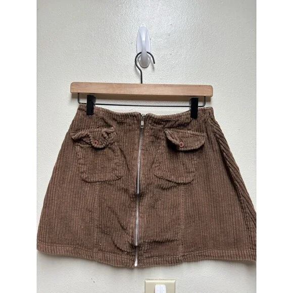Y2K Vintage Onfire Courdroy Skirt Brown Women's Medium Pockets Zip Front Cotton - Picture 2 of 7